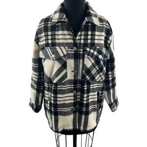 ZARA White Black Wool Blend Flannel Shacket Plaid Pockets Front Button Size XS